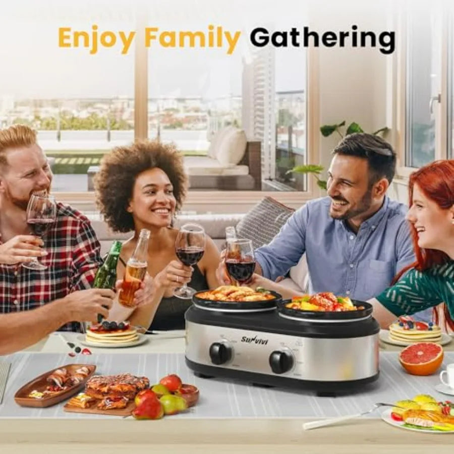 Dual Slow Cooker Buffet Server and Food Warmer Small Mini Pot with 3 Adjustable Temp 2 Visible Glass Lids for Parties Holidays
