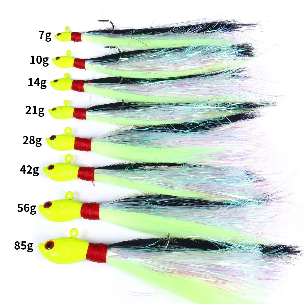 6PCS Bucktail Jigs Head Hook 3D Eyes Bait 7g 10g 21g 42g Deer Hair Feather Hook Beard Jigging Lure Fishing