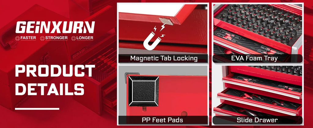Geinxurn Professional Tool Set, 4-Drawer Red Tool Chest, High-Strength Socket Kit for Auto and Home Maintenance