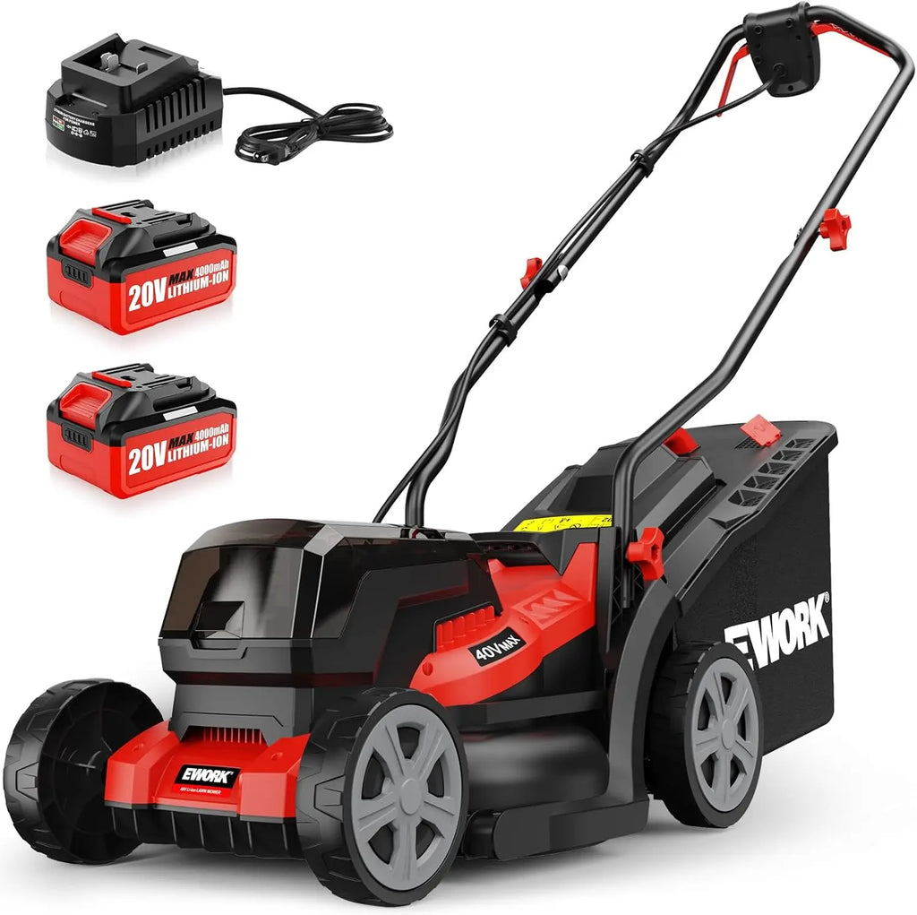 40V Cordless Lawn Mower with 2 Batteries, 14" Cutting Width, Lightweight 21lbs Design for Small Yards