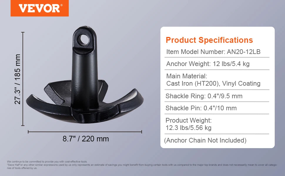 SucceBuy River Anchor 12 lbs Boat Anchor Cast Iron Black Vinyl-Coated with Shackle,  Mushroom Anchor Fit for Boats Up To 10 ft