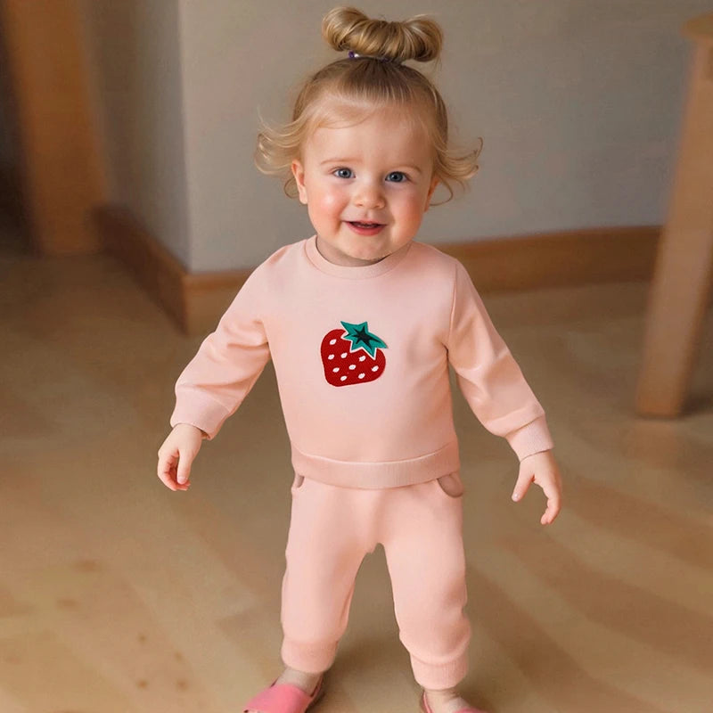 Cute Toddler Girl Autumn Ensemble Adorable Strawberry Embroidered Crew Neck Sweatshirt with Matching Long Pants 2-Piece Set - Firu Total Sales