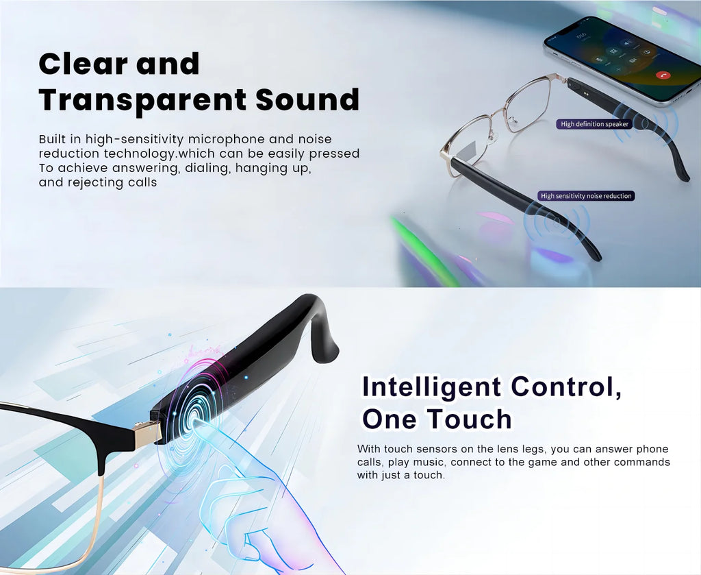Smart glasses, app translation, color-changing lenses, high-definition voice calls, Hi-Fi music quality, open-ear audio glasses.