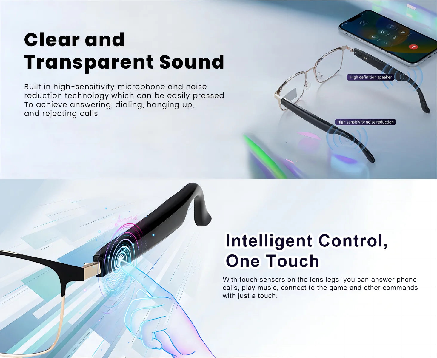 Smart glasses, app translation, color-changing lenses, high-definition voice calls, Hi-Fi music quality, open-ear audio glasses.