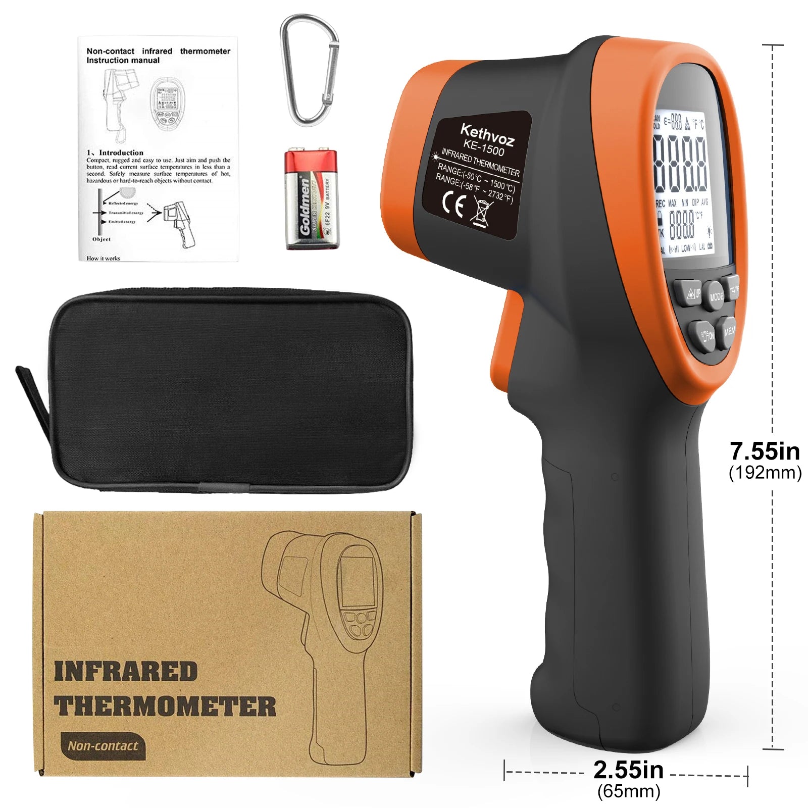 KE-1500 Digital Infrared Thermometer Gun — -50° to 1500°C | 30:1 D:S Ratio