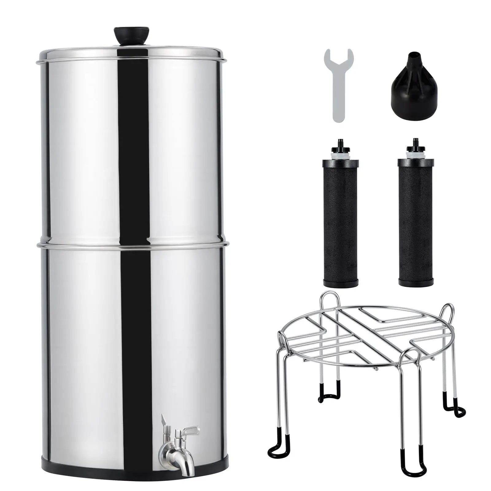 Water Filter System 304 Stainless Steel with 2 Black Carbon Filters and Anti-Slip Stand, Chlorine and Lead Reduction, 2.25Gallon