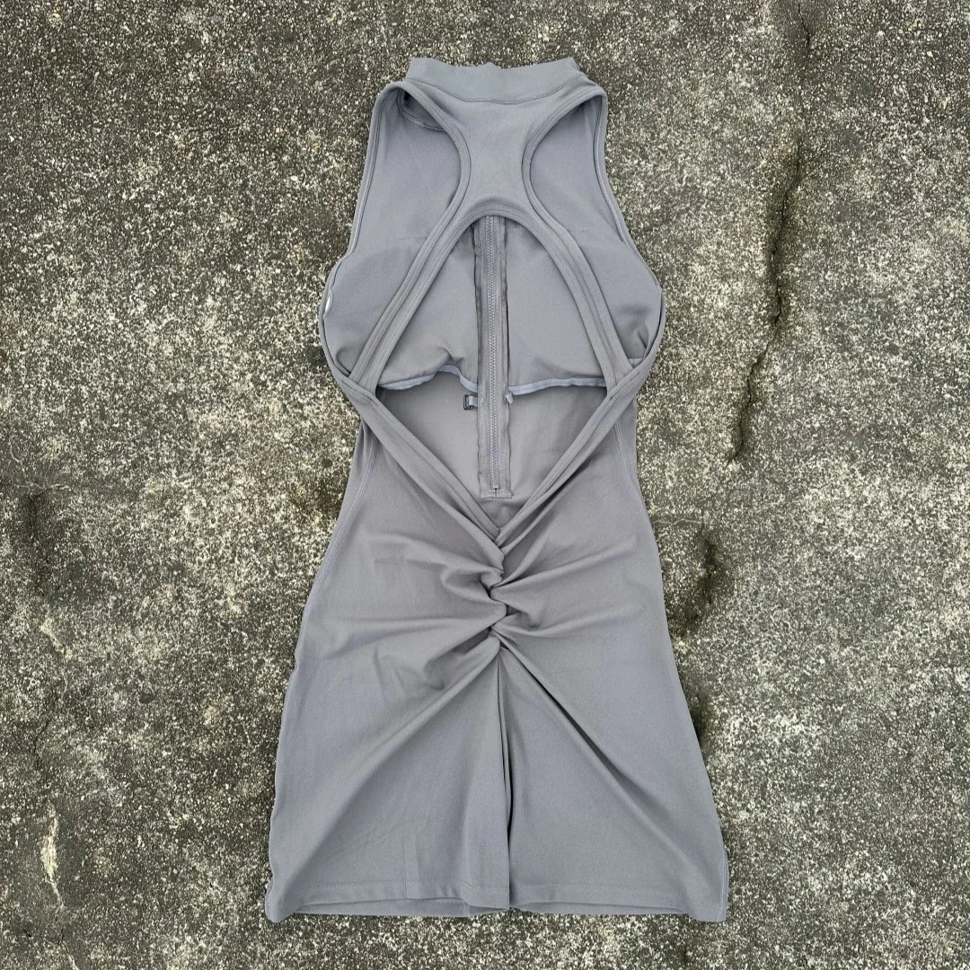 Solid Color Scrunch Back Waist Tight Yoga Jumpsuit Shorts Set for Women, Zipper Gym Sportswear Fitness One-Piece Sports Suit