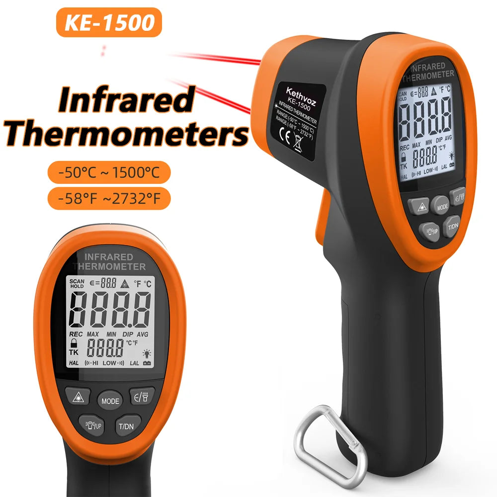 KE-1500 Digital Infrared Thermometer Gun — -50° to 1500°C | 30:1 D:S Ratio