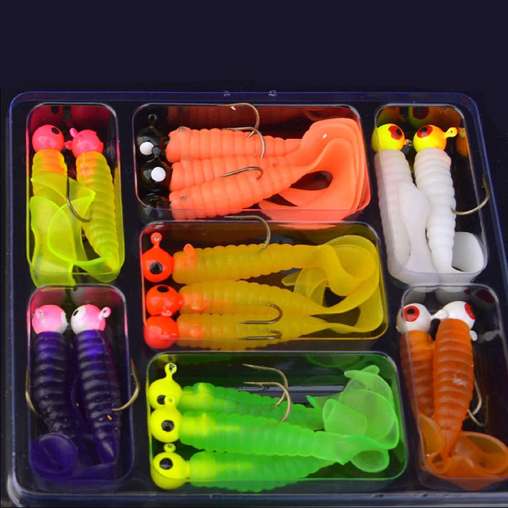 Creekmoon Set 34 Piezas | 17 Cabezas Jig Metal + 17 Gusanos Silicona | Acero Alto Carbono | Pesca - Firu Total Sales
