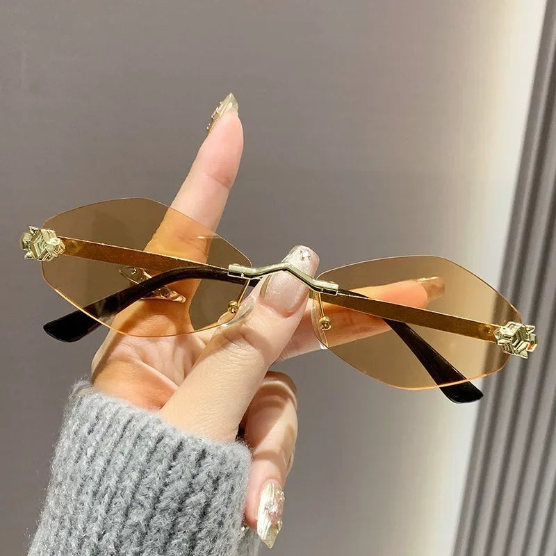 Trendy Rimless Polygonal Sunglasses Stylish Gradient Lens Metal Shades Eyewear Luxury Brand Small Vintage Sun Glasses