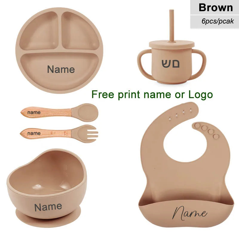 Set 6pcs Vajilla de Silicona para Bebé | Bol, Plato, Cuchara, Tenedor, Babero y Vaso 🍼