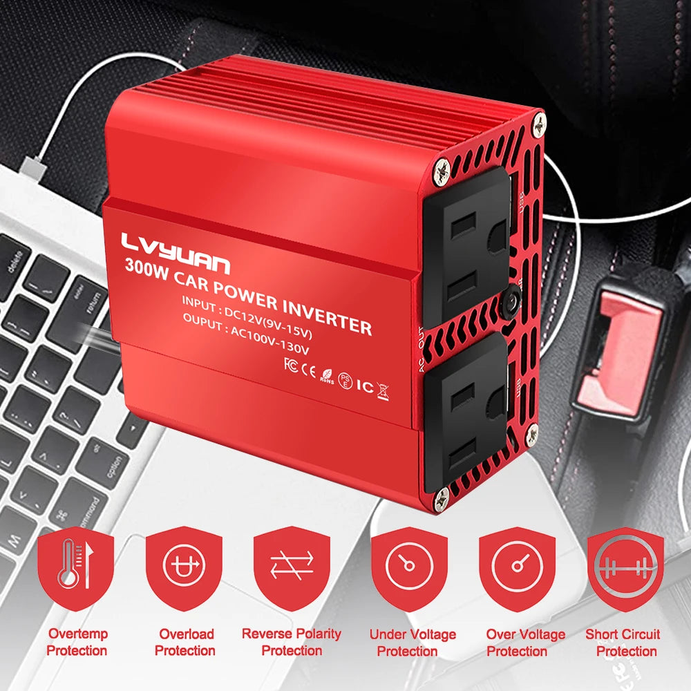 Inversor de Corriente Foval 300W | DC 12V a AC 110V/220V | Dual USB | Cargador Coche | Enchufe EU/US - Firu Total Sales