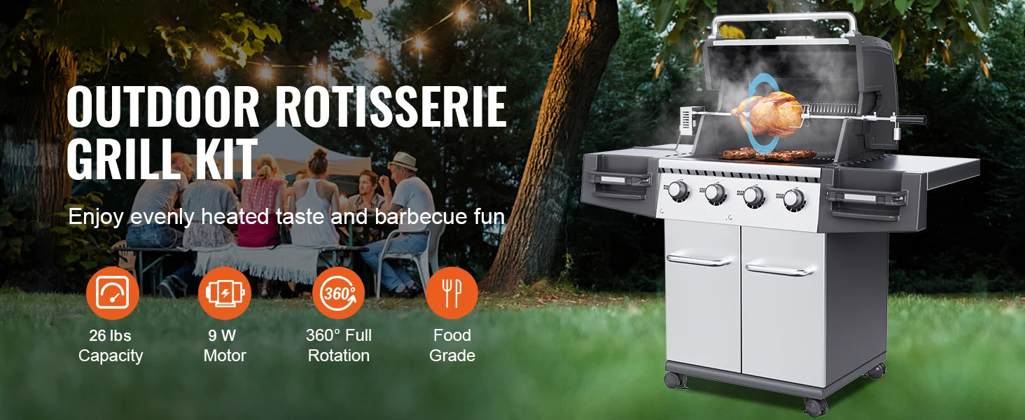 SucceBuy Universal Grill Rotisserie Kit for Grills, Electric BBQ Grill with 9W Motor Stainless Steel Automatic Grilling Kit