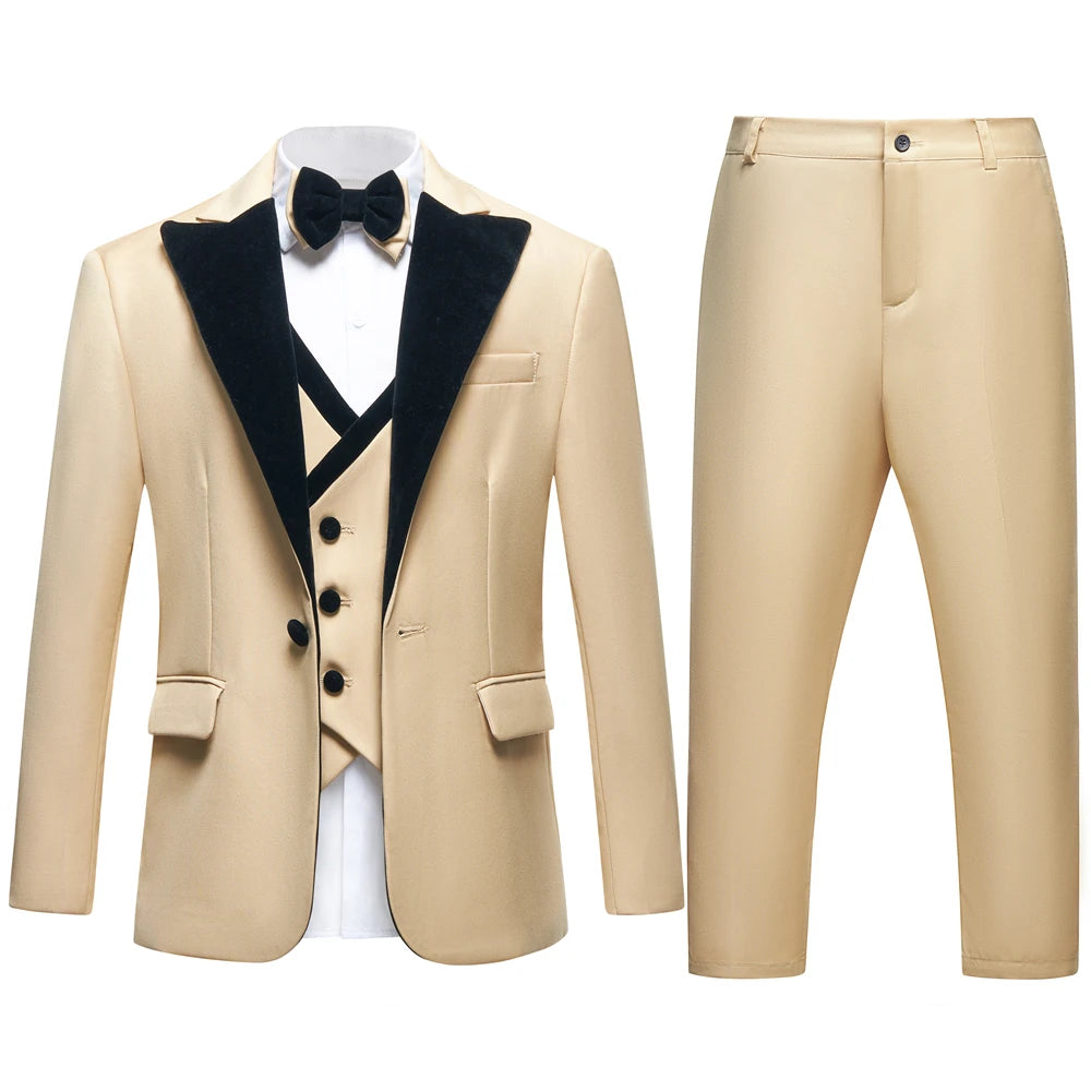 2025 Hotest Boys Formal Suit Set with Velvet Collar - One Button Blazer Vest Pants Bowtie - 3-14 Years Kids Graduation Tuxedo