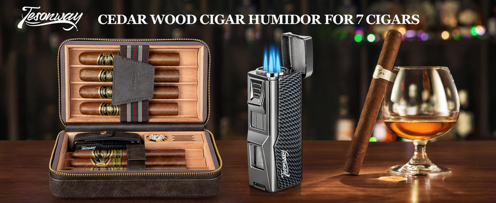 Travel Humidor Cigar Case&Cigar Lighter,Leather Cigar Case with Cedar Wood Tray,Hygrometer,Humidifier,Cigar Accessories for Men