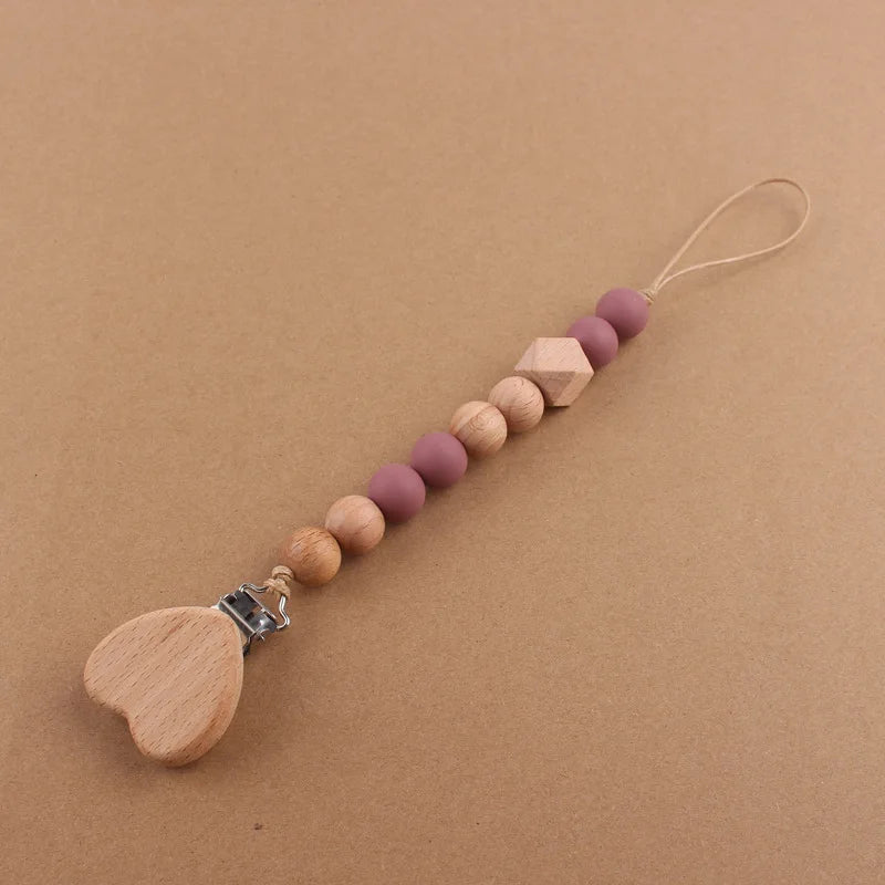 Baby products cartoon love beechwood pacifier clip creative baby silicone beads bite teeth pacifier chain