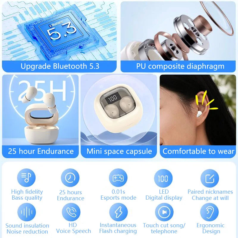 Auriculares SHUKE SK19 Pequeños | Bluetooth 5.3 | ANC | Para Dormir | Deporte | Invisibles | Todos los Teléfonos - Firu Total Sales