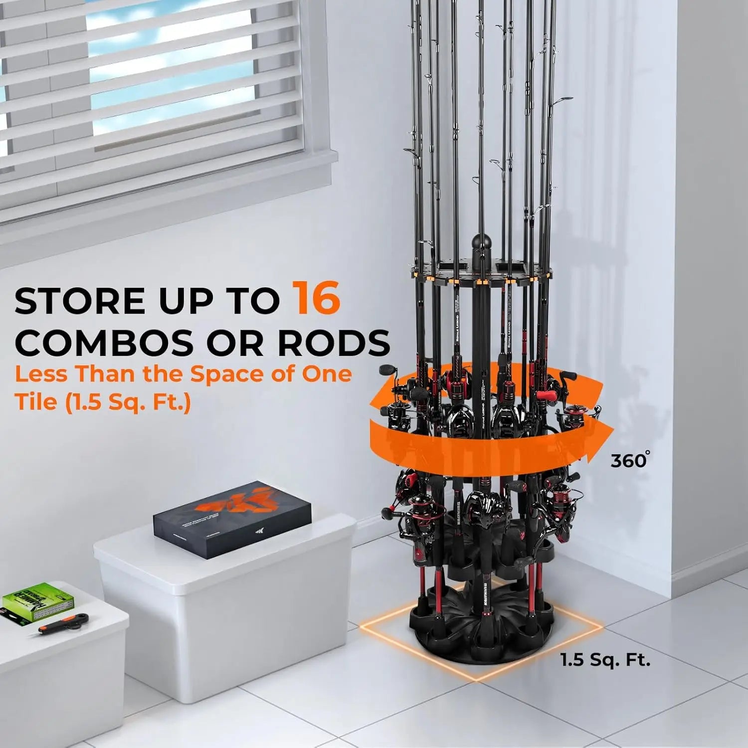 Rotating Fishing Rod Holder for Garage,Floor Rack Holds Up to 16 Rods & Combos,Space-Saving Pole Organizer with Foam,Durable ABS