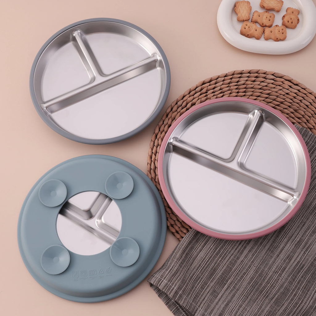 Plato de Acero Inoxidable con Ventosa Color Kids | Silicona | Alimentación Bebé 🍼