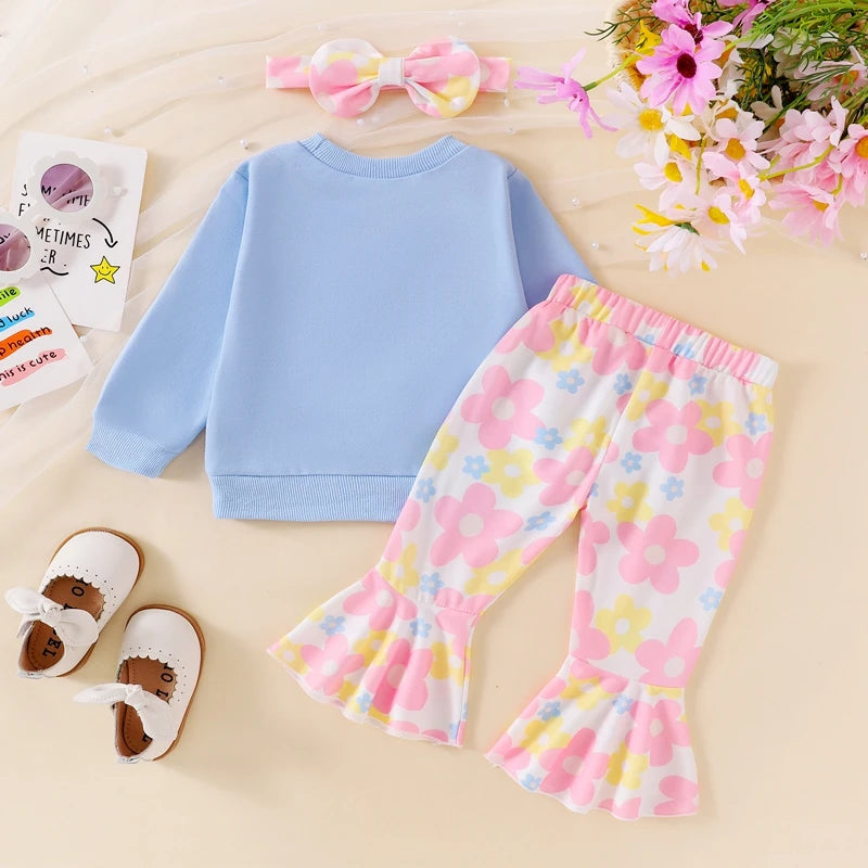 Cute Toddler Girl Autumn Ensemble Bear Embroidered Sweatshirt Floral Flare Pants Headband - 3 Piece Set for Fall - Firu Total Sales