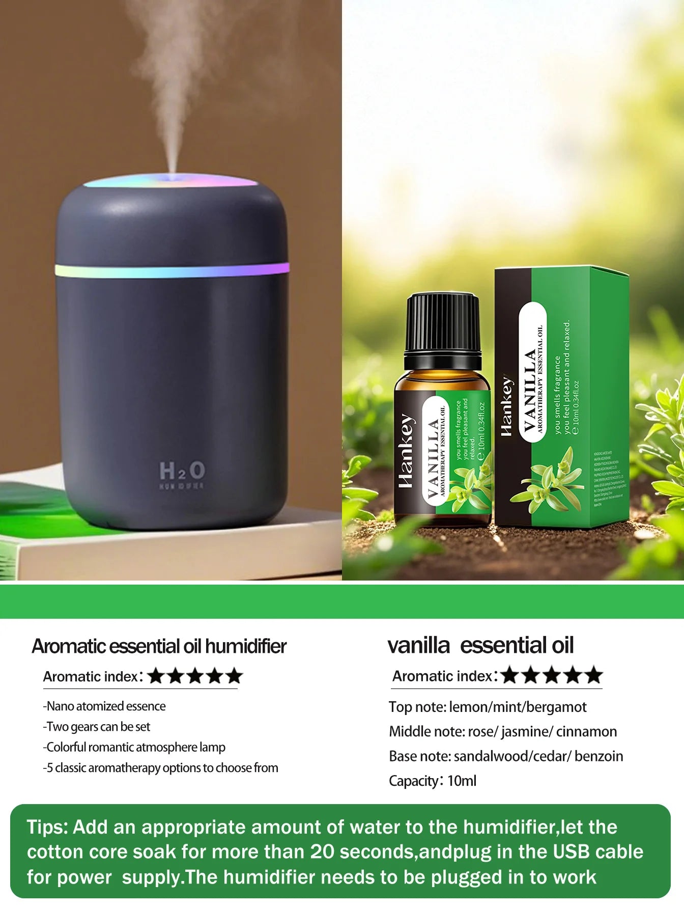 Difusor Aromaterapia 300ML | Purificador de Aire | Luz 7 Colores | Auto y Hogar 🌿
