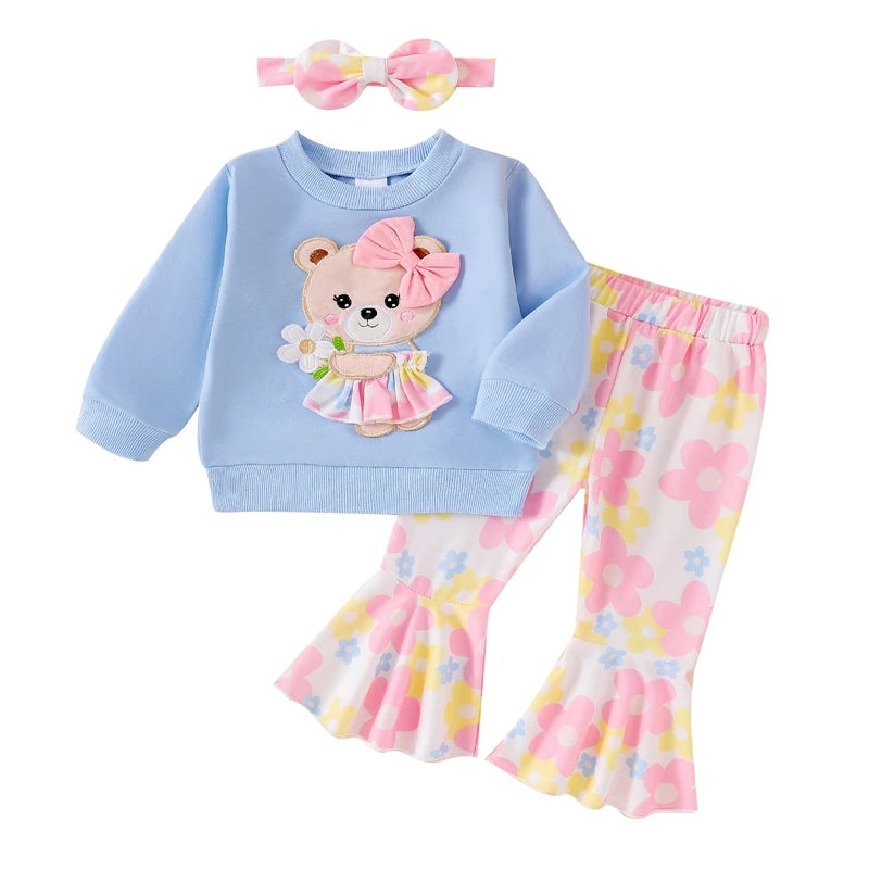 Cute Toddler Girl Autumn Ensemble Bear Embroidered Sweatshirt Floral Flare Pants Headband - 3 Piece Set for Fall - Firu Total Sales