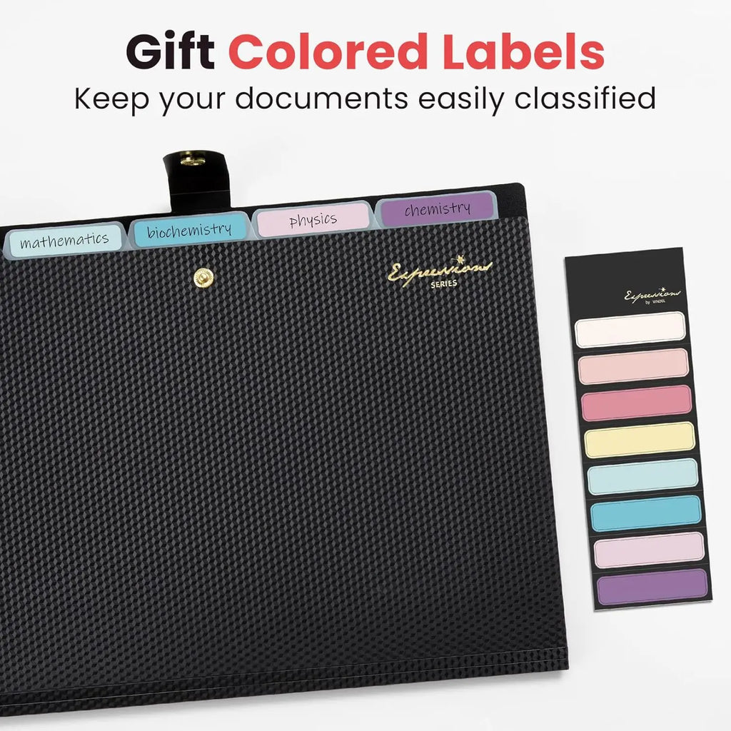 Letter Size Expanding File Folder with Labels, 5 Pocket Organizer for Documents, Portable A4 Black for Home School Office