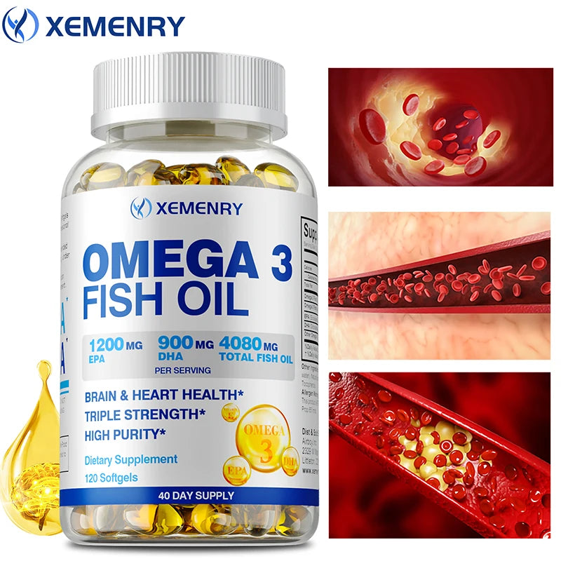 Omega-3 Fish Oil - Supports Brain Health, Cardiovascular and Skin Health, Antioxidant and Anti-inflammatory - 120 Capsules