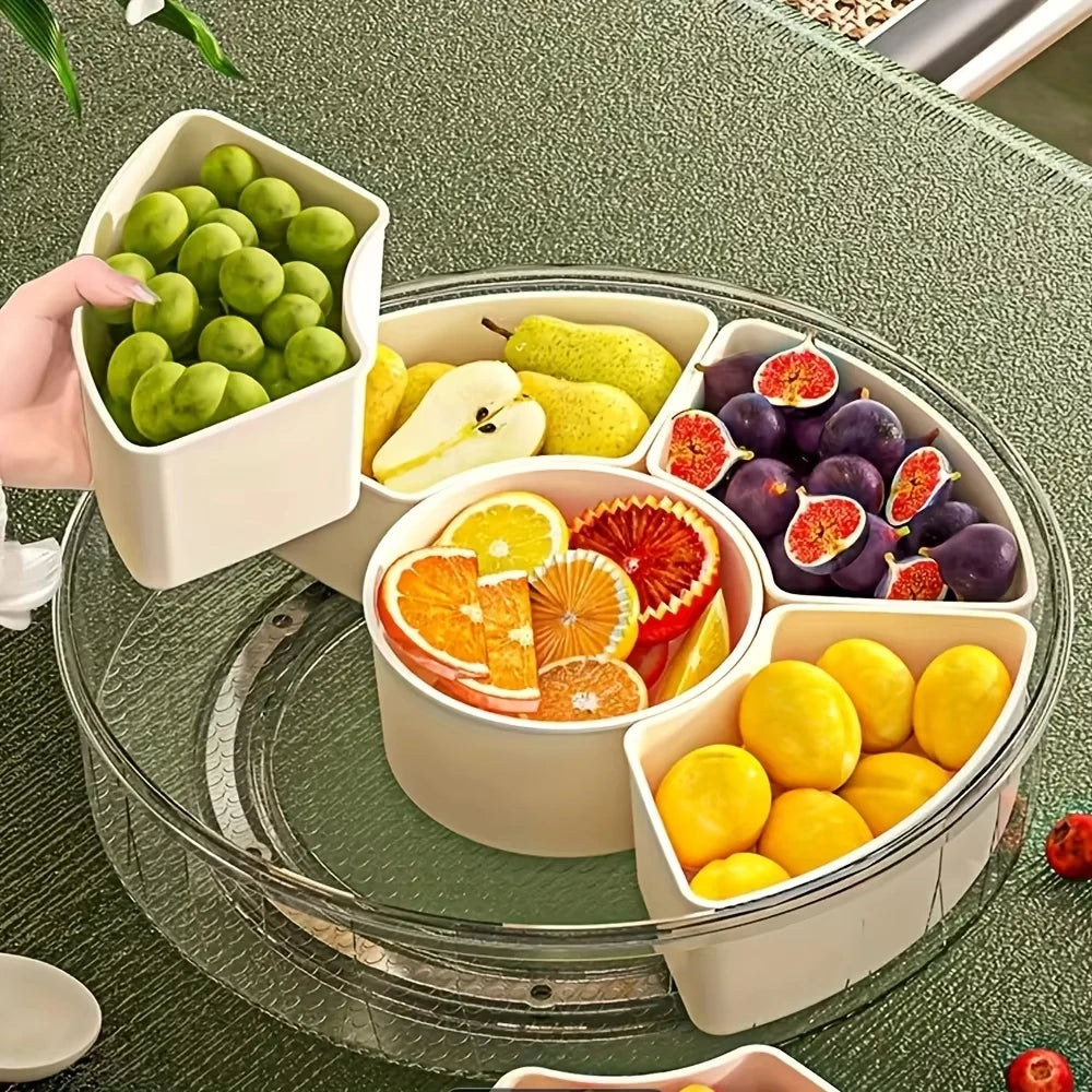 Rotatable 5-Compartment Food Storage Tray with Lid Handle Dried Fruit Snack Vegetable Container Home Kitchen Serving Dish