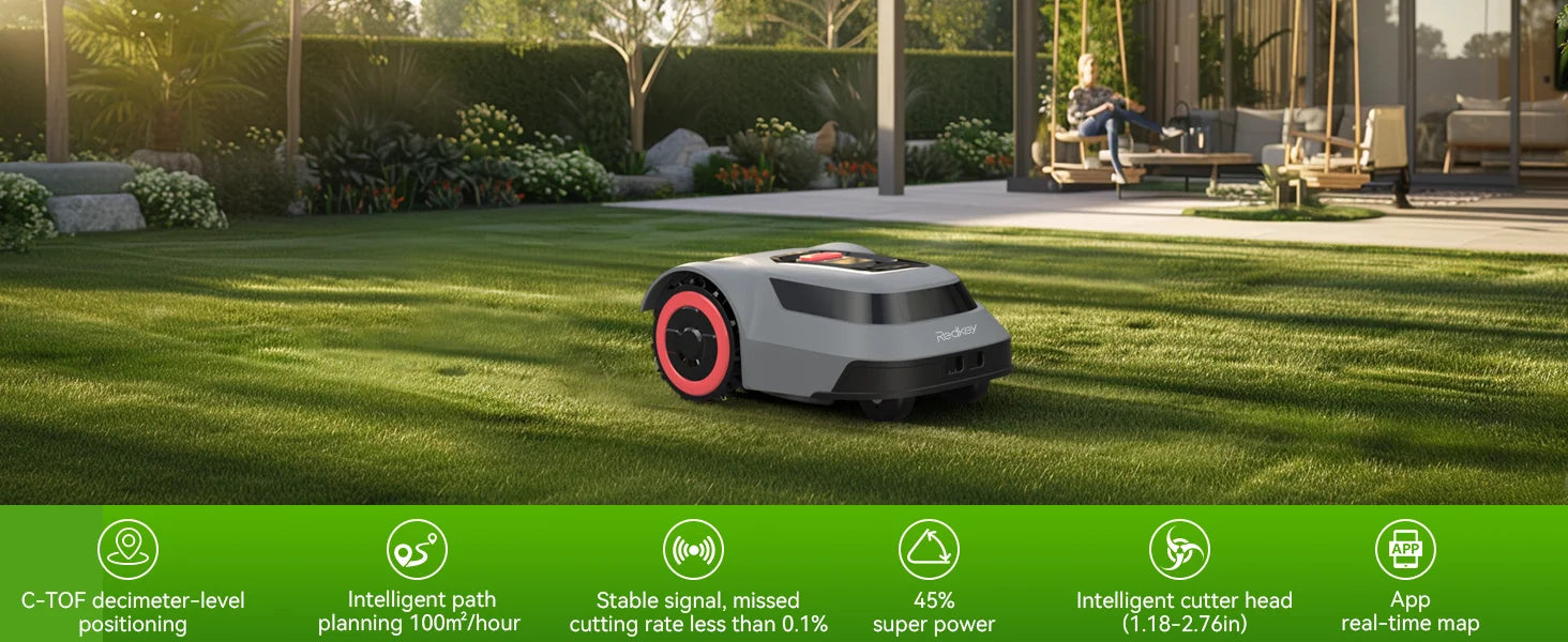 C-TOF Robot Lawn Mower Redkey MGC1000 Lawn Mower Robot Cable Break Detection Climbing Capacity 45% App Control Mowing Robot