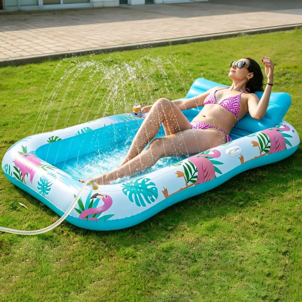 Tanning Pool Lounger Float with Sprinkler, Pool Float Adult with Pillow amp Cup Holder, Sunbathing Blow Up Tanning Bed, Suntan T