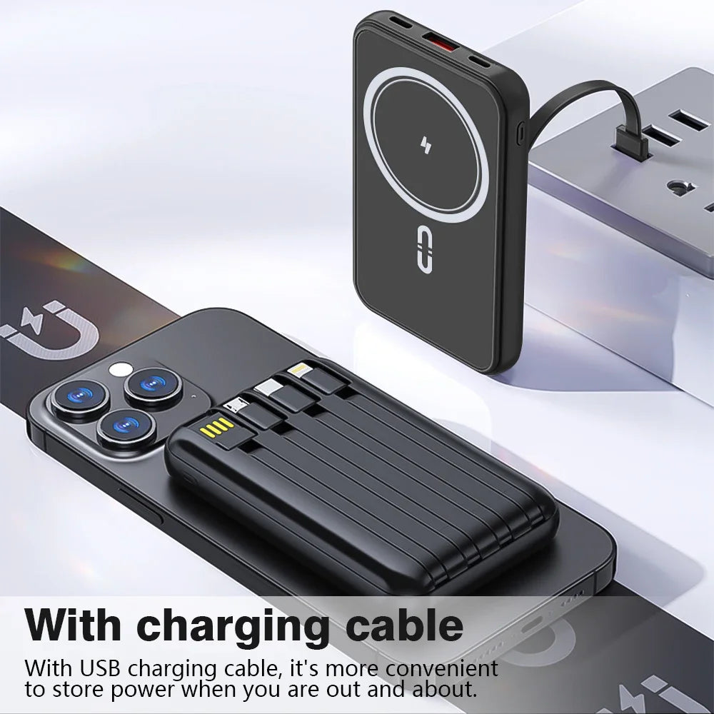 10000mAh Power Bank 15W Magnetic Fast Charging External Battery Wireless Charger with 4lines Cable for iPhone 15/14/13 xiaomi