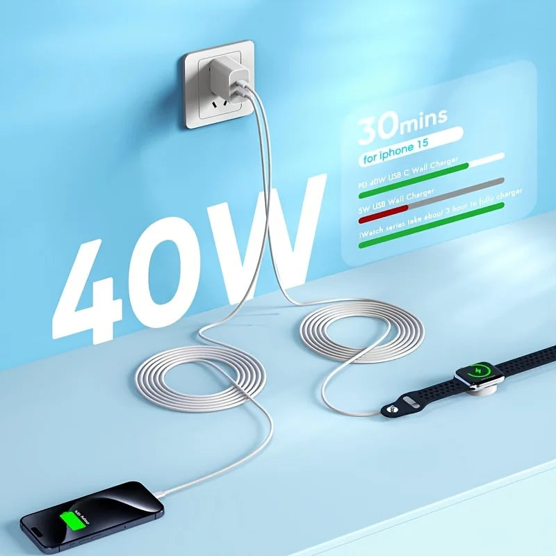 Dual 40W USB C Charger Plug With 6FT USB-C To C/iWatch Magnetic Fast Charging Cable For Apple Watch Series And For IPhone 15 - Firu Total Sales