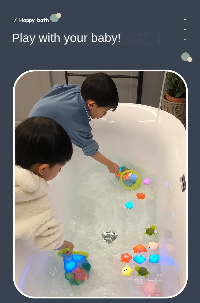 Glowable Animal Washing Water Set Floating Water Light Net Fishing Fish Playing Water Toys Children's Baby Bath Toys Floating