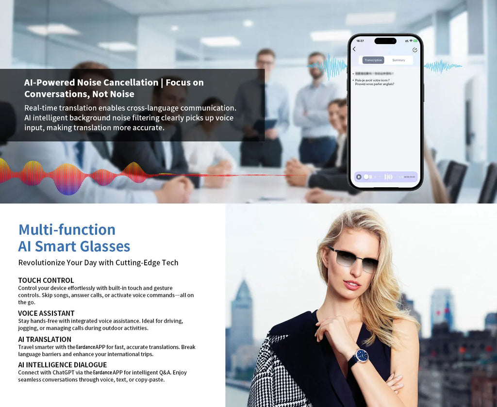 Smart glasses, app translation, color-changing lenses, high-definition voice calls, Hi-Fi music quality, open-ear audio glasses.