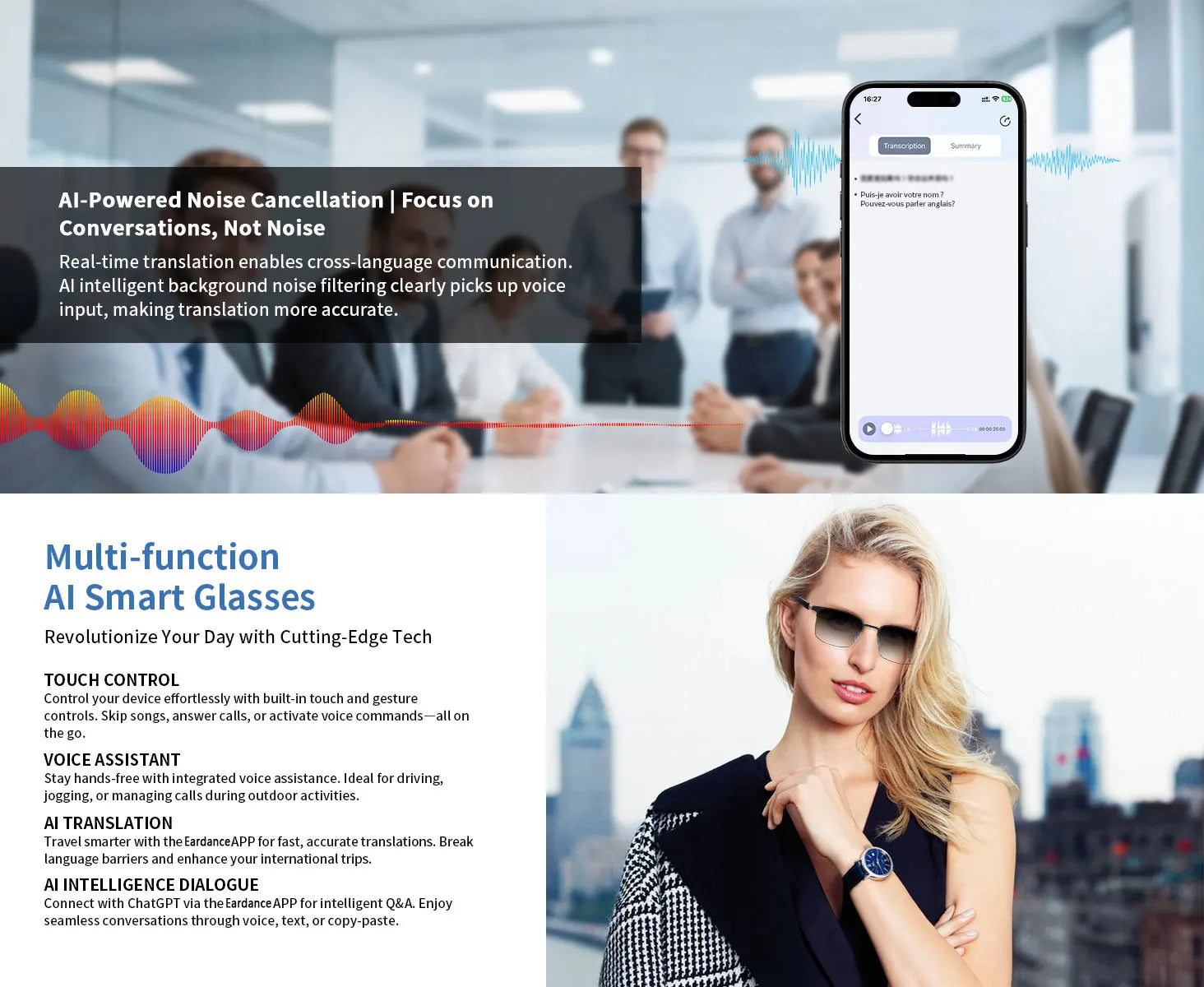 Smart glasses, app translation, color-changing lenses, high-definition voice calls, Hi-Fi music quality, open-ear audio glasses.
