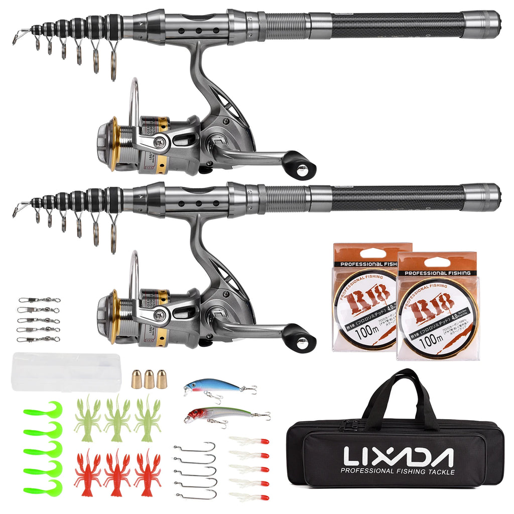 2-Pack Telescopic Fishing Rod & Reel Combo | Carbon Fiber | Full Accessories Set