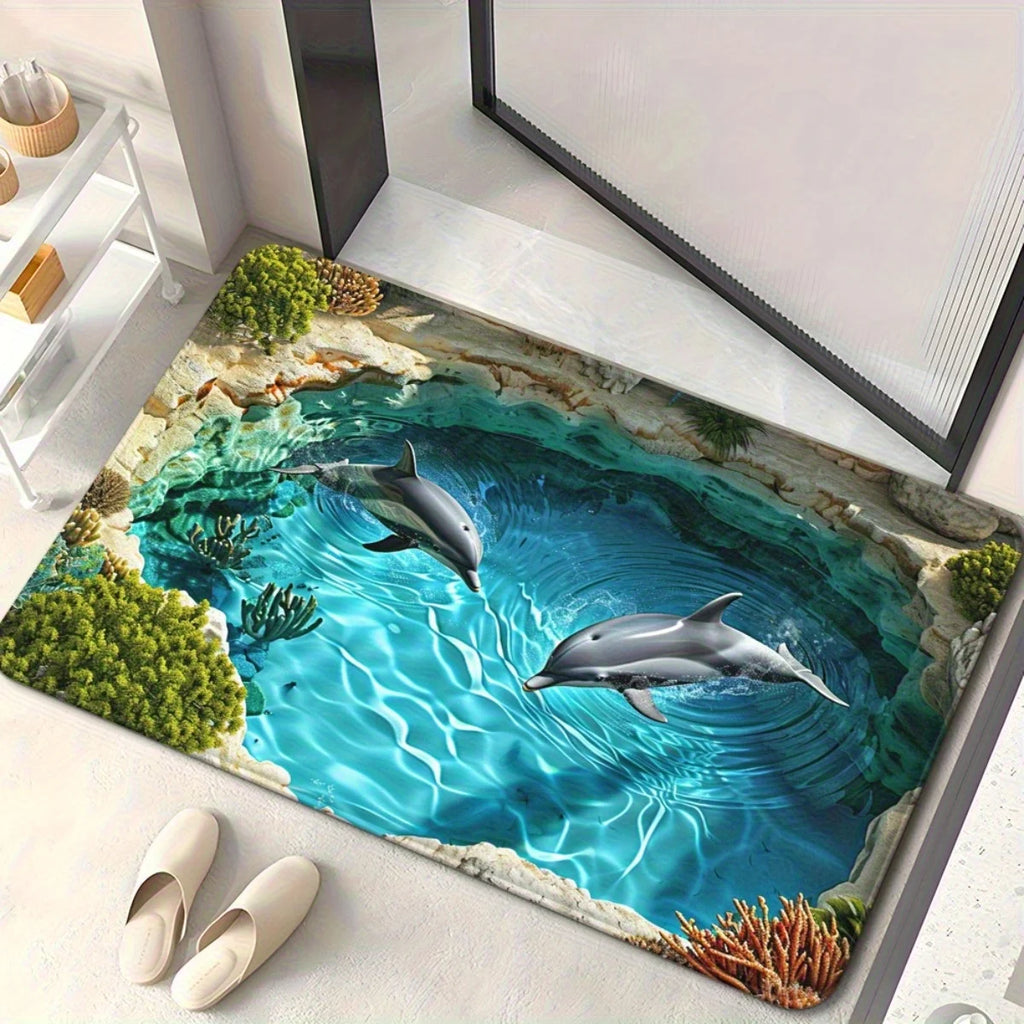 VIKAMA Dolphin Printed Carpet Waterproof and Anti Slip Machine Washable Living Room and Bathroom Quick Drying Floor Mat
