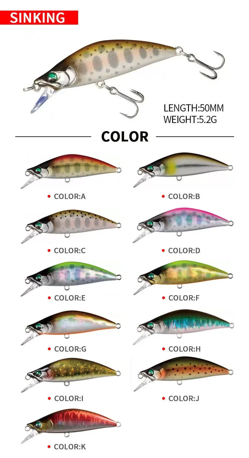 Minnow Hundimiento Diseño Japonés | 50mm 5.2g | Wobbling | Bass, Perca, Lucio y Trucha | Arroyo y Lago - Firu Total Sales