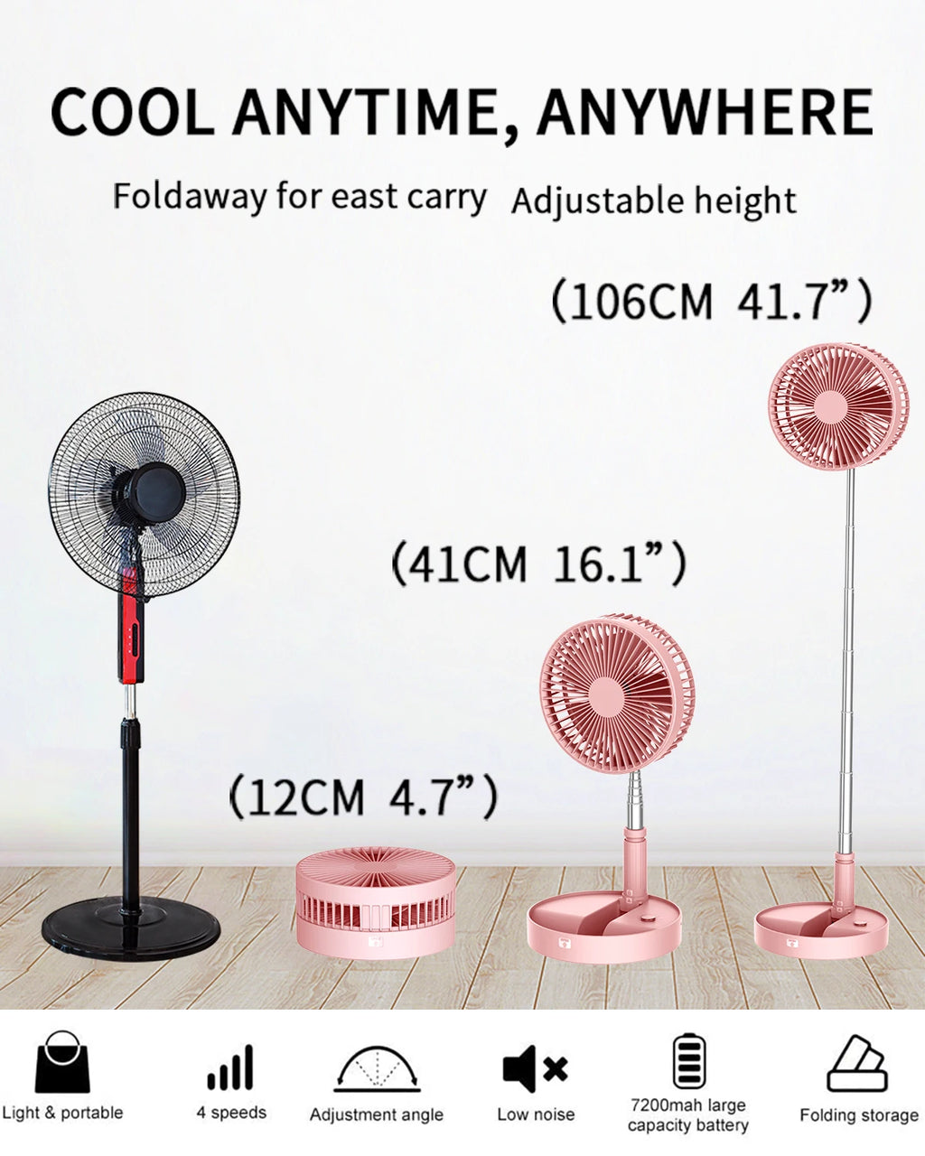 Desk and table fan, foldable Fan Portable Travel Fans Battery Operated,Adjustable Height My Foldaway fan with remote