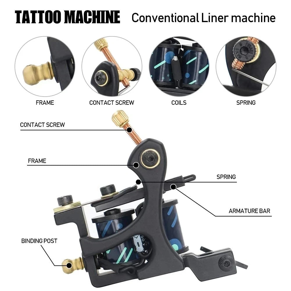 Professional Coil Tattoo Machine Gun 10 Wraps Cast Iron Tattoo Coil Machine for Tattoo Liner and Shader Traditional Tattoo Gun