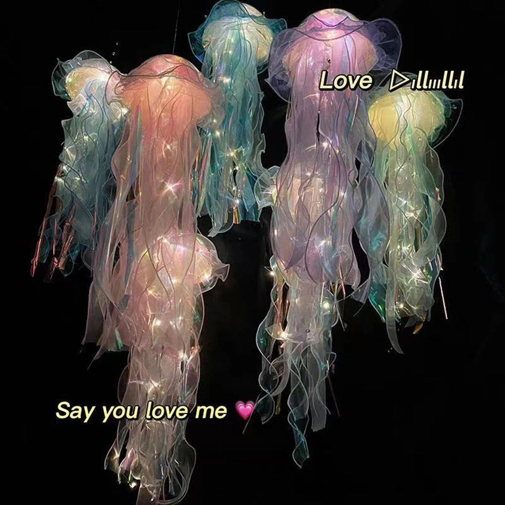Jellyfish Colorful Nightlight Button Battery Hanging Ceiling Lantern with Ribbon&Bead LED Bulbs for Children Bedroom