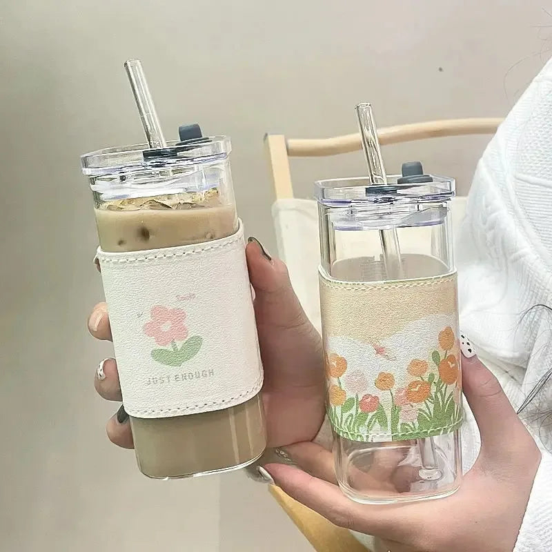 Vaso de Vidrio Cuadrado con Tapa y Pitillo | Resistente al Calor | Café y Té ☕ - Firu Total Sales