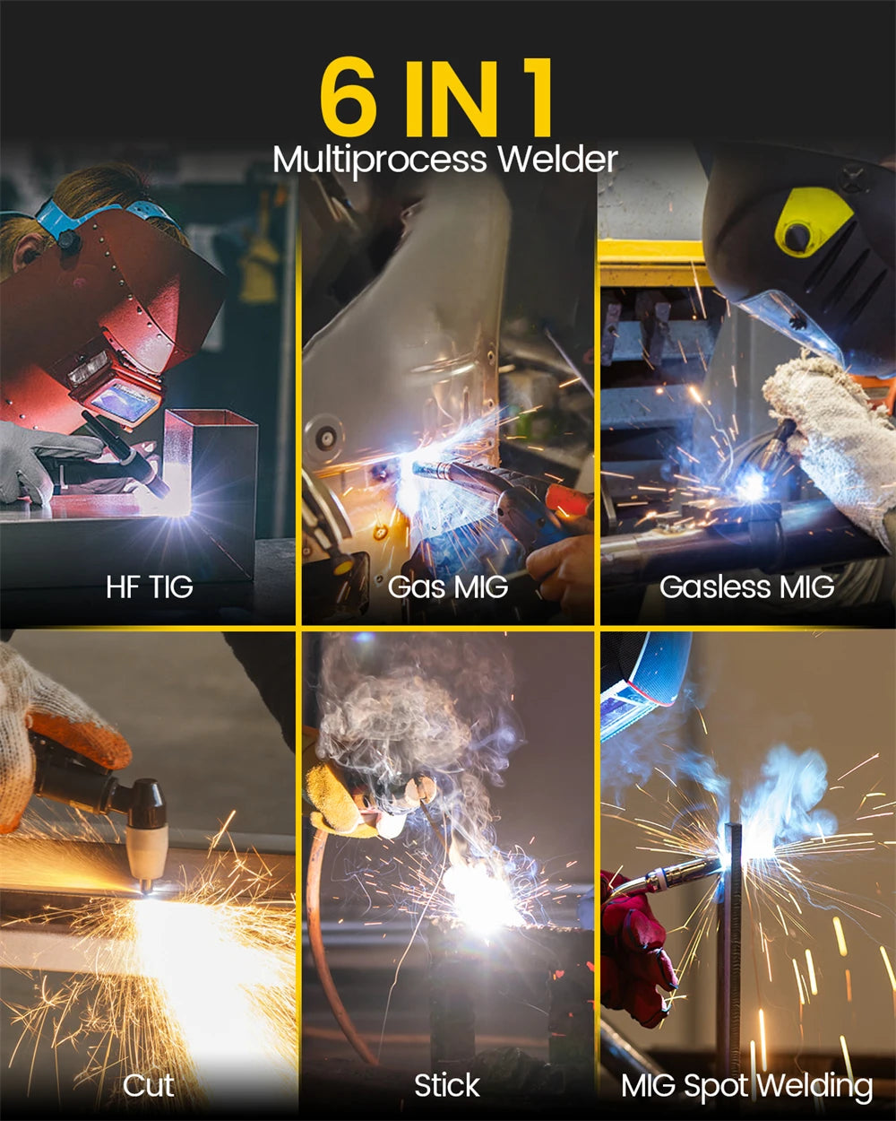 HZXVOGEN HVM270 6 in 1 Aluminum Welding Machine Cut/Gas MIG/Gasless MIG/HF TIG/MMA Digital Screen 2/4T Inverter Welder Stainless