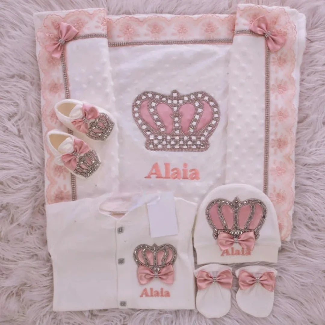 Customized Name Newborn Baby Boss Embroidery Lace Romper Outfit Infant Wrapped Baby Products Pants Mittens Receiving Blanket