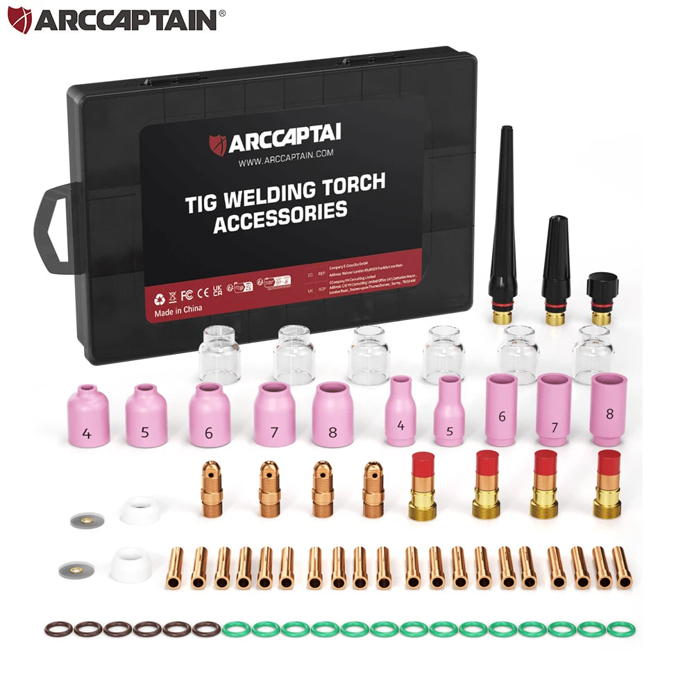 ARCCAPTAIN TIG Welding Torch Accessories Kit  Alumina Nozzle Collets Body Stubby Gas Lens #10 Glass Cup Consumables Kit