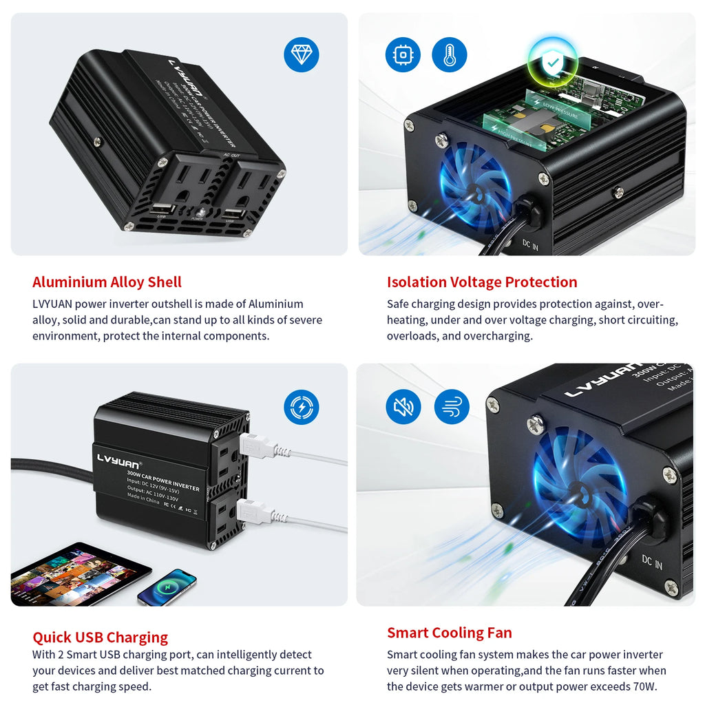 Inversor de Corriente Foval 300W | DC 12V a AC 110V/220V | Dual USB | Cargador Coche | Enchufe EU/US - Firu Total Sales