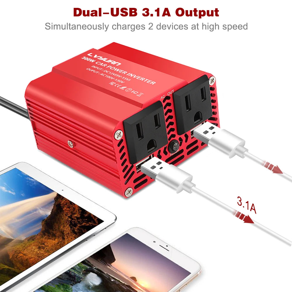 Inversor de Corriente Foval 300W | DC 12V a AC 110V/220V | Dual USB | Cargador Coche | Enchufe EU/US - Firu Total Sales