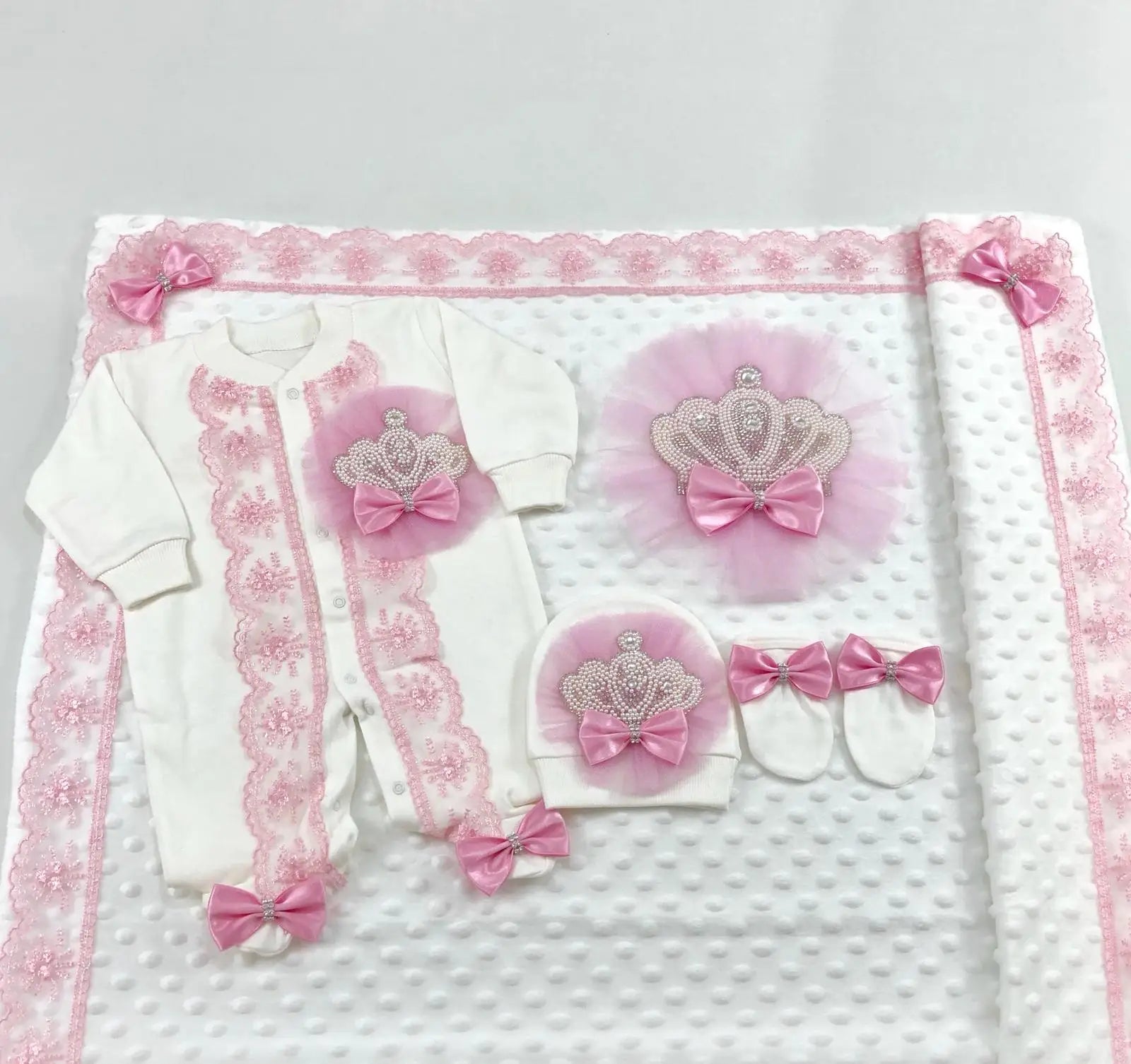 Customized Name Newborn Baby Boss Embroidery Lace Romper Outfit Infant Wrapped Baby Products Pants Mittens Receiving Blanket
