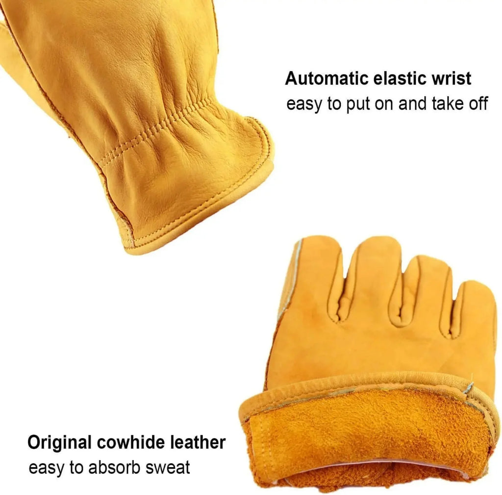 1 Pair Of Flex Grip Leather Work Gloves, Stretchable Wrist Tough Cowhide Working Gloves (Yellow)